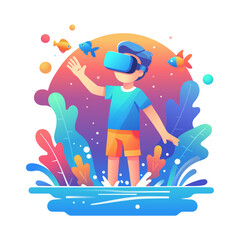 Boy exploring virtual universe via VR, Virtual reality education for kids