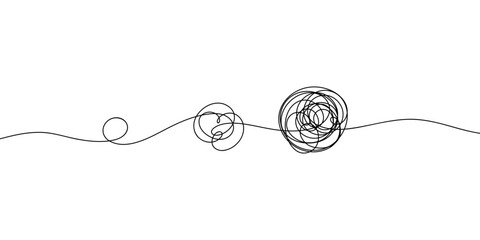 Obraz premium Intricate chaotic lines of thought from a small tangle to a large one, hand-drawn in one continuous line. Graphic black and white vector illustration. Modern minimalistic background for banner, design