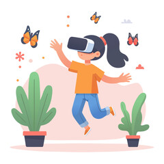 Girl exploring virtual universe, VR education for kids