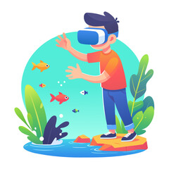 Boy exploring virtual universe via VR, Virtual reality education for kids