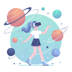 Girl exploring virtual universe, VR education for kids