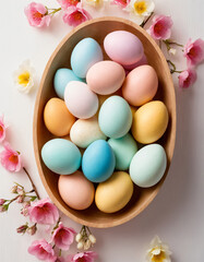 Colorful Easter Eggs in Wooden Bowl