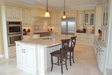 Fototapeta premium Cream-colored kitchen with granite island and stainless steel appliances.