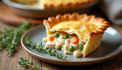Slice of chicken pot pie served on plate. Creamy chicken, vegetables filling inside flaky pastry crust on wooden table. Sprig of thyme as garnish. Tasty homemade cuisine for lunch, dinner.