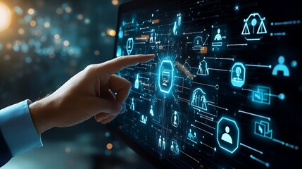 Finger Interacting with Futuristic Digital Display Interface in High-tech Environment