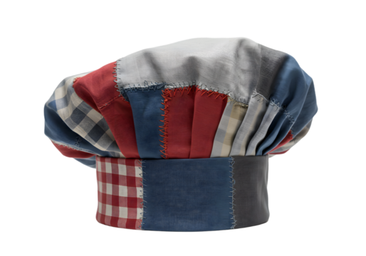 Colorful chef hat with patchwork design featuring different fabric patterns and textures in vibrant colors and styles