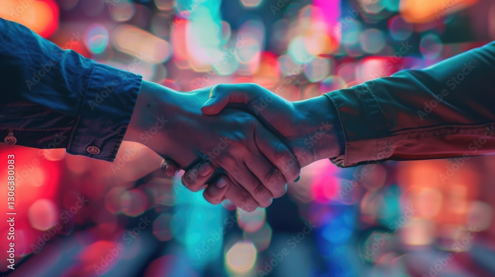 Poster two hands shaking in a vibrant setting, symbolizing collaboration and partnership. this image convey
