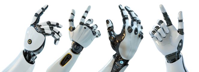 Set of futuristic robotic hands in various gestures, isolated on transparent cutout background