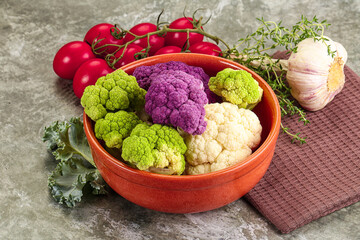 Raw cauliflower different colors heap