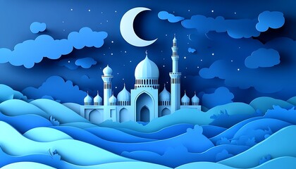 Mosque night scene under crescent moon, paper cutout