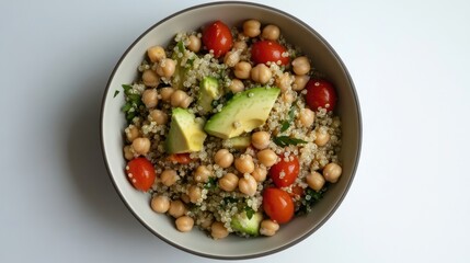 A bowl of quinoa salad with avocado, chickpeas, and cherry tomatoes,