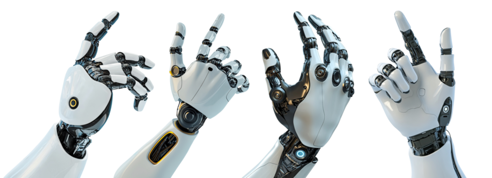 Set of futuristic robotic hands in various gestures, isolated on transparent cutout background