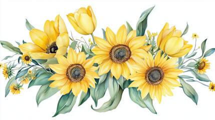 A watercolor arrangement featuring soft yellow tulips, sunflowers, and gentle accents for a warm and cheerful feel