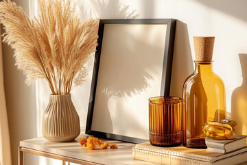 Fototapeta premium Black picture frame with pampas grass and amber glass decor