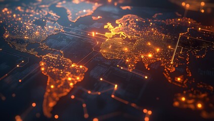 Global network map, illuminated connections, digital world, glowing nodes