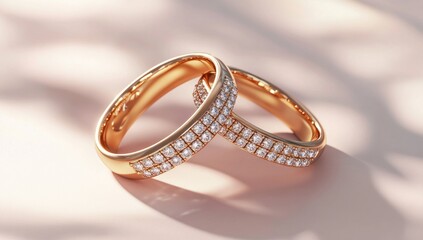Two elegant gold wedding bands with diamond accents, resting on a soft peach background.
