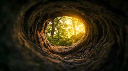 A Glimpse of Paradise Tree Hollow Perspective Capturing Sunlit Forest Wonder and Natural Beauty