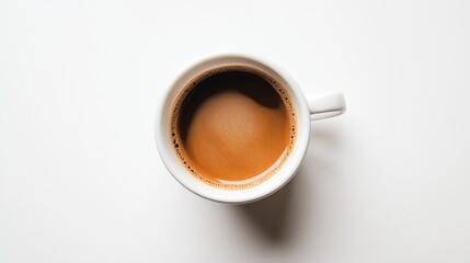 Savor the rich aroma and warm tones of freshly brewed coffee in a plain white cup, offering a moment of tranquility amidst a simple setting