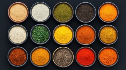 A top-down view of colorful spice powders arranged in small bowls