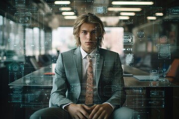 A man in a suit and tie sits at a desk with a computer monitor in front of him