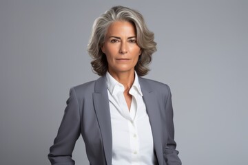 A woman in a gray suit and white shirt is standing in front of a gray background