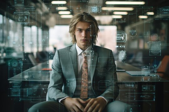 A man in a suit and tie sits at a desk with a computer monitor in front of him - Powered by Adobe