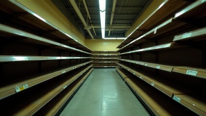 Empty supermarket shelves in a dimly lit aisle, showing a lack of products on display, a perspective of scarcity and potential economic challenges.