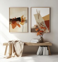 Two framed abstract art prints featuring earthy tones and organic shapes, displayed on a wooden bench with books and a beige throw.