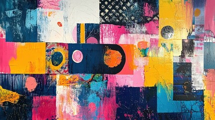 Abstract colorful geometric art with circular and rectangular patterns in vibrant pink, blue, and yellow tones