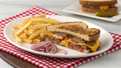 diner-style presentation of a Whataburger patty melt on a white plate with a red gingham napkin. The sandwich is sliced in half to reveal layers of melted cheese, beef, and onions, paired with a side