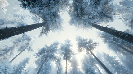 Frosty Canopy A Glimpse Upward Through Snow Covered Trees in a Winter Wonderland