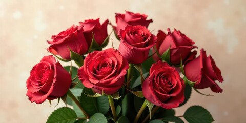 Naklejka premium A captivating bouquet of velvety crimson roses, elegantly arranged, showcasing their rich color and delicate petals against a soft, neutral backdrop.