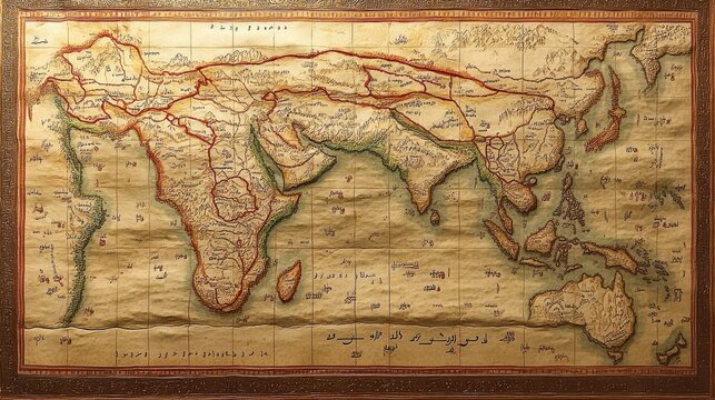 Ancient persian map of asia illustrating trade routes and geographic details