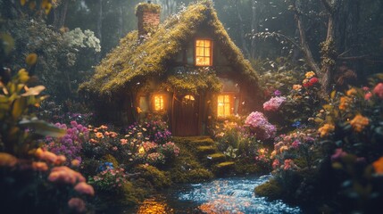 A whimsical cottage nestled amid a lush floral and forested environment