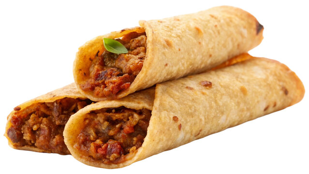 Three homemade Mexican beef taquitos isolated on white background. Suitable for marketing or business purposes. PNG file