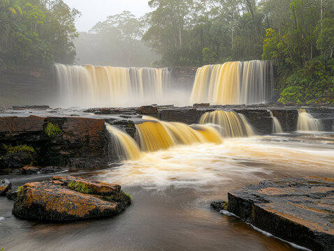 Misty rainforest waterfall cascading over tiered rocks