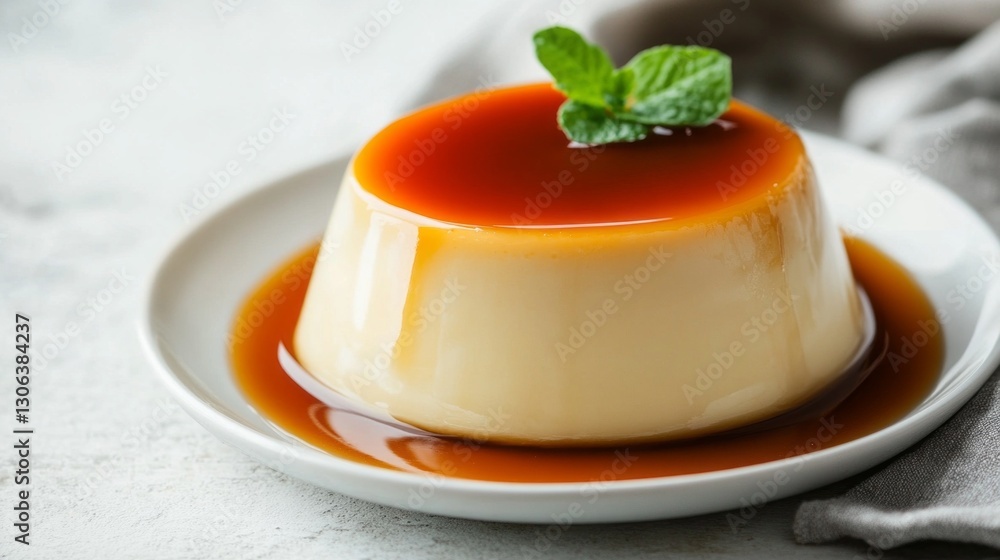 Poster delicious cream caramel pudding sits elegantly on a plate, topped with a glossy layer of caramel sau