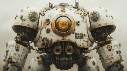 Fototapeta premium A weathered and detailed mechanical robot stands facing forward