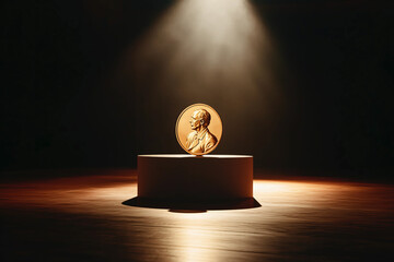 A golden Nobel Prize medal on a pedestal under dramatic lighting, symbolizing recognition, excellence, and achievement in a prestigious ceremony.
