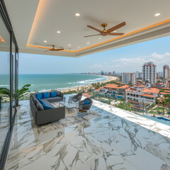 Fototapeta premium Oceanfront luxury terrace with modern seating, enjoying panoramic coastal city views