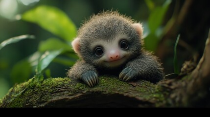 Adorable baby creature with fluffy ears in lush forest