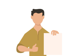 portrait of young men holding empty white paper sheet or  showing blank sign poster over isolated background. vector and illustration.