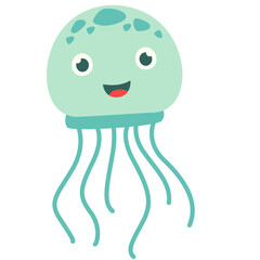 Cute teal cartoon jellyfish vector illustration with a dotted cap and dangling tentacles. Ideal for children's designs, ocean themes, or playful creative projects. Scalable, high-quality vector.