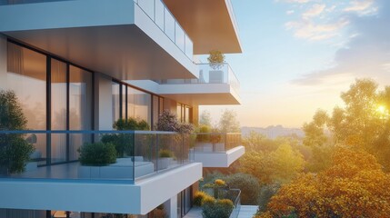 Modern apartments with spacious balconies amidst lush greenery at sunset