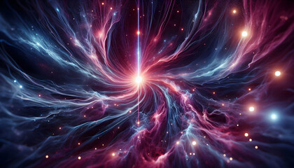 Law of attraction Photorealistic cinematic shot of swirling cosmic particles converging into a glowing blue-pink focal4