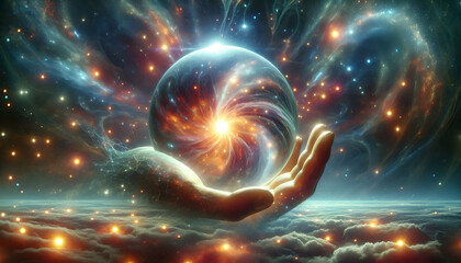 Law of attraction Surreal dreamlike image of a giant floating hand holding a radiant sphere, with galaxies swirling in1