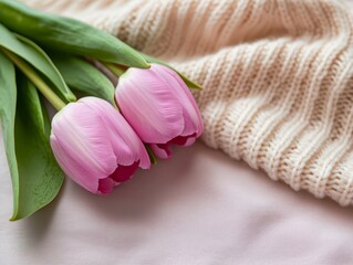Delicate Pink Tulips Lying on a Soft Knit Blanket with Light Background and Natural Light