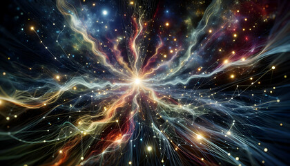Naklejka premium Law of attraction An intricate, dynamic pattern of glowing, colorful threads and nodes in a vast, star-filled space, i2