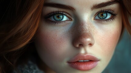Fototapeta premium Close-up portrait of young caucasian female with red hair and freckles