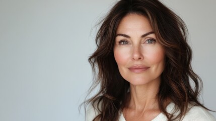 Mature caucasian female with long brown hair and green eyes smiling softly